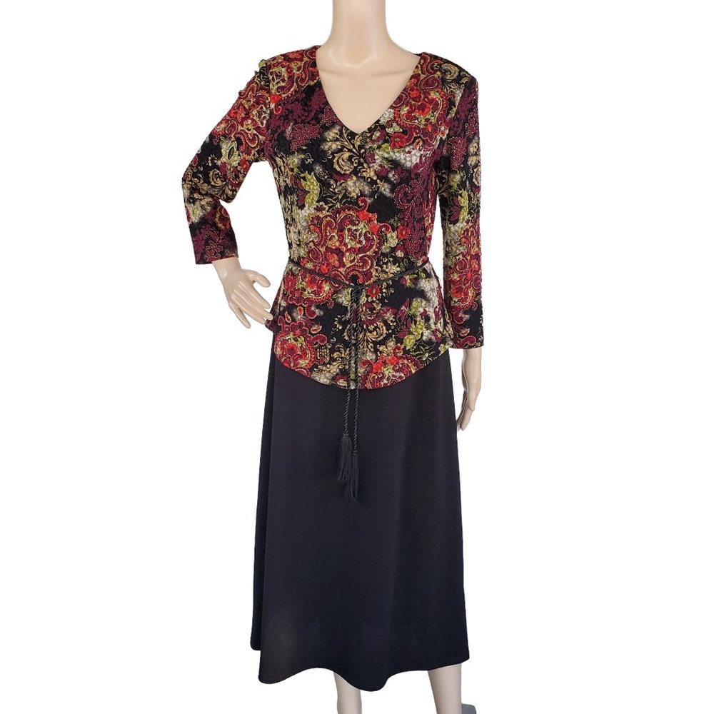 Tapestry Look Maxi Dress Womens 10 Knit Stretch Lined Belt Shoulder Pad